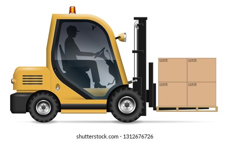 Realistic forklift with carton boxes on white background. Warehouse worker driving a lift truck, side view. All elements in the groups on separate layers for easy editing and recolor