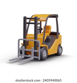 Realistic forklift. Yellow special equipment for warehouse. Isolated vector lift track. Illustration for rental business. Sale of special vehicles. Web design