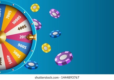 Realistic fortune wheel and chips - casino vector background. Illustration of fortune luck wheel, gambling casino game, play in lottery