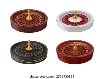 Rueda de la fortuna realista o ruleta en el casino o establecimiento de juego de Las Vegas. Vector aislado de los iconos de vista lateral, juego 3D con números para los jugadores que intentan la suerte y tomar riesgos. Ganar dinero