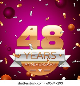 Realistic Forty eight Years Anniversary Celebration Design. Golden numbers and silver ribbon, confetti on purple background. Colorful Vector template elements for your birthday party