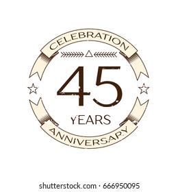 Realistic forty five years anniversary celebration logo with ring and ribbon on white background. Vector template for your design