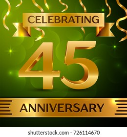 Realistic Forty five Years Anniversary Celebration Design. Confetti and gold ribbon on green background. Colorful Vector template elements for your birthday party. Anniversary ribbon