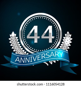 Realistic Forty four Years Anniversary Celebration Design with Silver Ring and Laurel Wreath, blue ribbon on blue background. Colorful Vector template elements for your birthday celebrating party