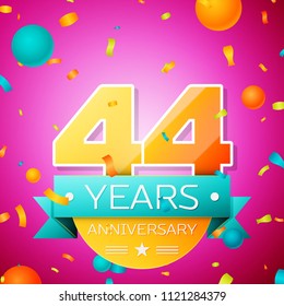 Realistic Forty four Years Anniversary Celebration design banner. Gold numbers and cyan ribbon, balloons, confetti on pink background. Colorful Vector template elements for your birthday party