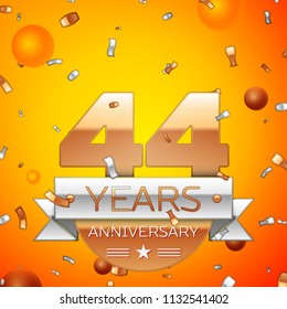 Realistic Forty four Years Anniversary Celebration design banner. Gold numbers and silver ribbon, balloons, confetti on orange background. Colorful Vector template elements for your birthday party