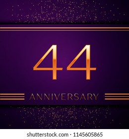 Realistic Forty four Years Anniversary Celebration design banner. Golden number and confetti on purple background. Colorful Vector template elements for your birthday party