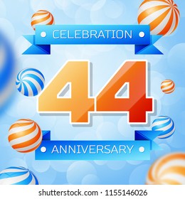 Realistic Forty four Years Anniversary Celebration design banner. Gold numbers and blue ribbons, balloons on blue background. Colorful Vector template elements for your birthday party