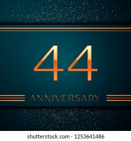 Realistic Forty four Years Anniversary Celebration design banner. Golden number and confetti on green background. Colorful Vector template elements for your birthday party