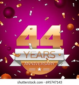 Realistic Forty four Years Anniversary Celebration Design. Golden numbers and silver ribbon, confetti on purple background. Colorful Vector template elements for your birthday party