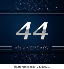 Realistic Forty four Years Anniversary Celebration Logotype. Silver numbers and silver confetti on blue background. Colorful Vector template elements for your birthday party