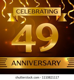 Realistic Forty nine Years Anniversary Celebration Design. Golden confetti and gold ribbon on brown background. Colorful Vector template elements for your birthday party