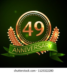 Realistic Forty nine Years Anniversary Celebration Design with Golden Ring and Laurel Wreath, green ribbon on green background. Colorful Vector template elements for your birthday celebrating party