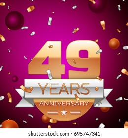 Realistic Forty nine Years Anniversary Celebration Design. Golden numbers and silver ribbon, confetti on purple background. Colorful Vector template elements for your birthday party