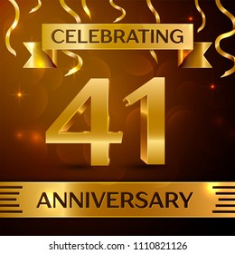 Realistic Forty one Years Anniversary Celebration Design. Golden confetti and gold ribbon on brown background. Colorful Vector template elements for your birthday party