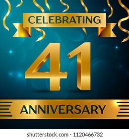 Realistic Forty one Years Anniversary Celebration Design. Golden confetti and gold ribbon on blue background. Colorful Vector template elements for your birthday party