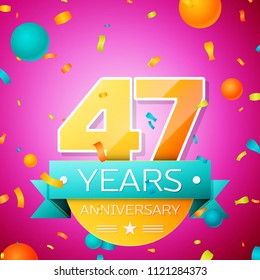 Realistic Forty seven Years Anniversary Celebration design banner. Gold numbers and cyan ribbon, balloons, confetti on pink background. Colorful Vector template elements for your birthday party