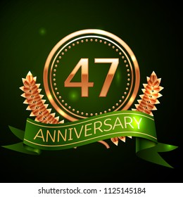 Realistic Forty seven Years Anniversary Celebration Design with Golden Ring and Laurel Wreath, green ribbon on green background. Colorful Vector template elements for your birthday celebrating party