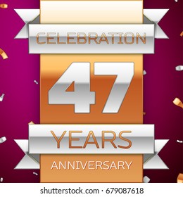 Realistic Forty seven Years Anniversary Celebration Design. Silver and golden ribbon, confetti on purple background. Colorful Vector template elements for your birthday party. Anniversary ribbon
