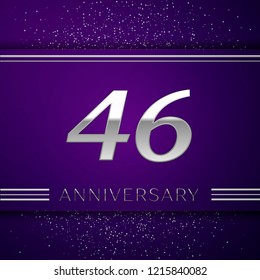 Realistic Forty six Years Anniversary Celebration design banner. Silver number and confetti on purple background. Colorful Vector template elements for your birthday party