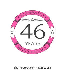 Realistic forty six years anniversary celebration logo with ring and ribbon on white background. Vector template for your design