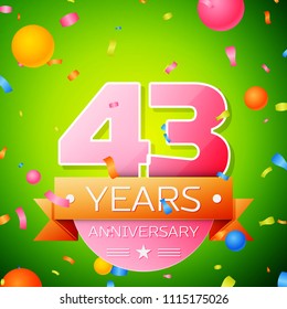 Realistic Forty three Years Anniversary Celebration Design. Pink numbers and golden ribbon, confetti on green background. Colorful Vector template elements for your birthday party
