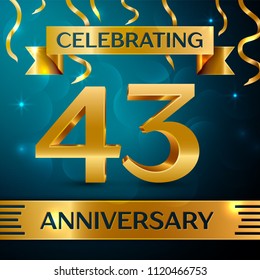 Realistic Forty three Years Anniversary Celebration Design. Golden confetti and gold ribbon on blue background. Colorful Vector template elements for your birthday party