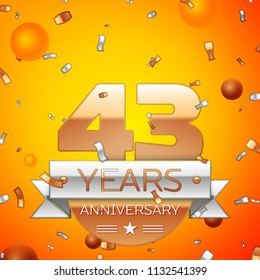 Realistic Forty three Years Anniversary Celebration design banner. Gold numbers and silver ribbon, balloons, confetti on orange background. Colorful Vector template elements for your birthday party