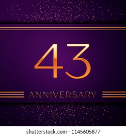 Realistic Forty three Years Anniversary Celebration design banner. Golden number and confetti on purple background. Colorful Vector template elements for your birthday party