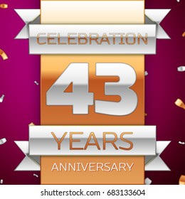 Realistic Forty three Years Anniversary Celebration Design. Silver and golden ribbon, confetti on purple background. Colorful Vector template elements for your birthday party. Anniversary ribbon