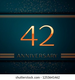 Realistic Forty two Years Anniversary Celebration design banner. Golden number and confetti on green background. Colorful Vector template elements for your birthday party