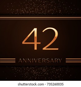 Realistic Forty two Years Anniversary Celebration Logotype. Golden numbers and golden confetti on brown background. Colorful Vector template elements for your birthday party