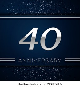 Realistic Forty Years Anniversary Celebration Logotype. Silver numbers and silver confetti on blue background. Colorful Vector template elements for your birthday party