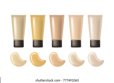 Realistic Foundation Cream Package Set Cosmetic Beige Palette for Woman Makeup or Skin Care. Vector illustration