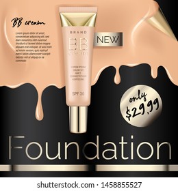 Realistic Foundation makeup, advertising design template for catalog with concealer, BB cream packaging tube mock up with liquid foundation in the background vector illustration