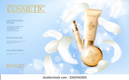 Realistic foundation powder. Tube spray, container golden cosmetic light background blue sunny sky spring white feather. 3d template mock up branding cosmetic makeup product vector illustration