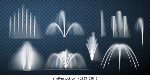Realistic fountain set vector illustration. Collection of water waterfalls and geysers with splash or sprays isolated on transparent. Cascading streams with pressure fast aqua droplet of various shape
