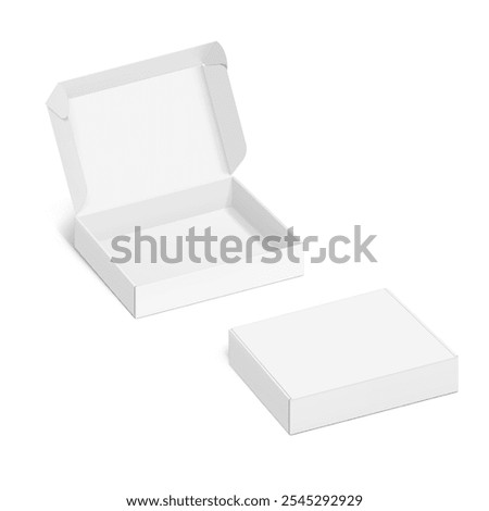 Realistic four flap closed and open white mailing box mockup. Half side view. Ready for presentation your product. Vector illustration isolated on white background. EPS10.	