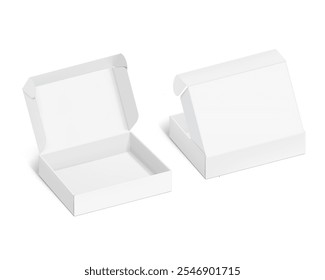 Realistic four flap open and closed white mailing box mockup. Half side view. Ready for presentation your product. Vector illustration isolated on white background. EPS10.