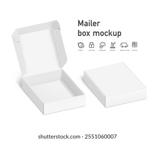 Realistic four flap open and closed white mailing box mockup. Half side view. Ready for presentation your product. Vector illustration isolated on white background. EPS10.