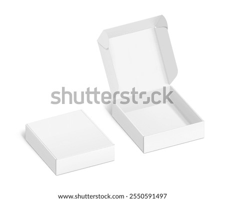 Realistic four flap open and closed white mailing box mockup. Half side view. Ready for presentation your product. Vector illustration isolated on white background. EPS10.