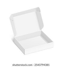 Realistic four flap open white mailing box mockup. Half side view. Ready for presentation your product. Vector illustration isolated on white background. EPS10.	