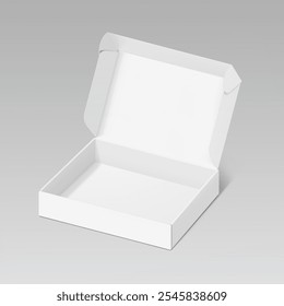 Realistic four flap open white mailing box mockup. Half side view. Ready for presentation your product. Vector illustration isolated on grey background. EPS10.