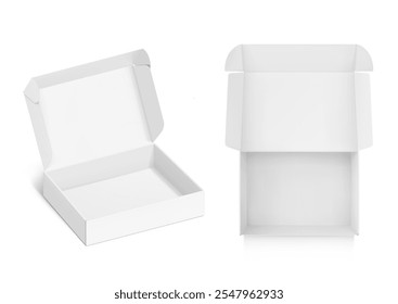 Realistic four flap open white mailing box mockup. Half side view. Ready for presentation your product. Vector illustration isolated on white background. EPS10.