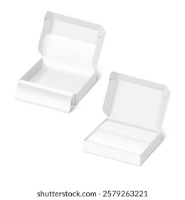 Realistic four flap open white mailing box with wrapping paper inside mockup. Half side view. Ready for presentation your product. Vector illustration isolated on white background. EPS10.