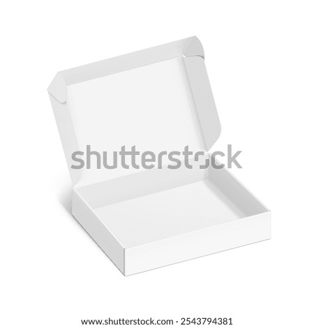 Realistic four flap open white mailing box mockup. Half side view. Ready for presentation your product. Vector illustration isolated on white background. EPS10.	