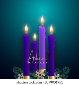 Realistic four Purple candles on dark green background. Festive Christmas banner. Advent banner. Stock vector illustration.