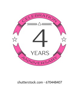 Realistic four years anniversary celebration logo with ring and ribbon on white background. Vector template for your design