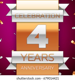 Realistic Four Years Anniversary Celebration Design. Silver and golden ribbon, confetti on purple background. Colorful Vector template elements for your birthday party. Anniversary ribbon