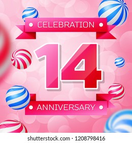 Realistic Fourteen Years Anniversary Celebration design banner. Gold numbers and blue ribbons, balloons on blue background. Colorful Vector template elements for your birthday party